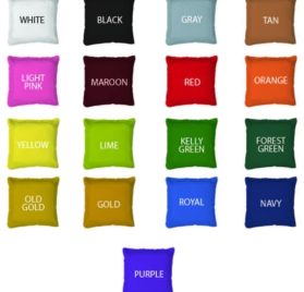 An assortment of cornhole bags in multiple colors, including white, red, lime, navy, and purple, showcasing available color options.