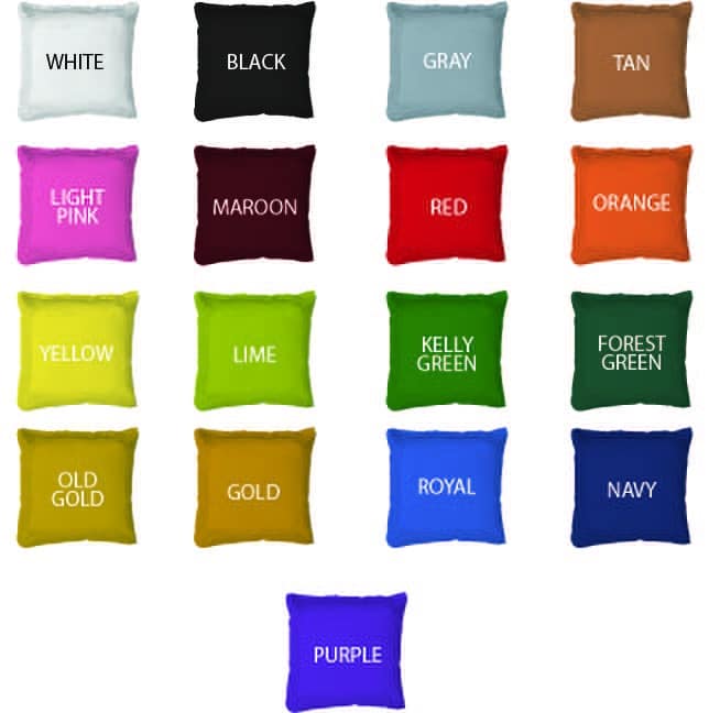 An assortment of cornhole bags in multiple colors, including white, red, lime, navy, and purple, showcasing available color options.