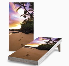 Sunset Footprints on the Beach scaled - Sunset Footprints on the Beach Cornhole Game - - Cornhole Worldwide