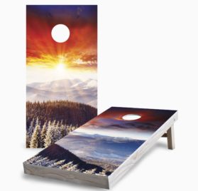 Sunset Winter Mountains 1 scaled - Sunset Winter Mountains Cornhole Game - - Cornhole Worldwide