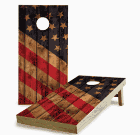 Transparent angled stars and stripes cornhole game design boards on unfinished wood